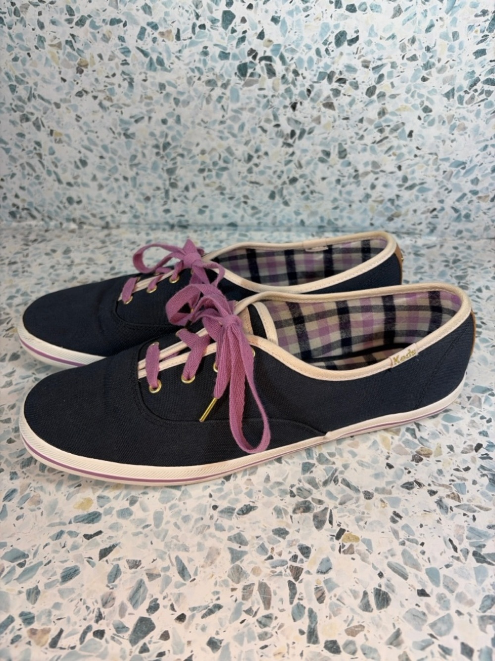 Kate Spade x Keds WF65386 Navy Canvas Sneakers Pink Laces Plaid Lining Size 9 - Picture 2 of 6